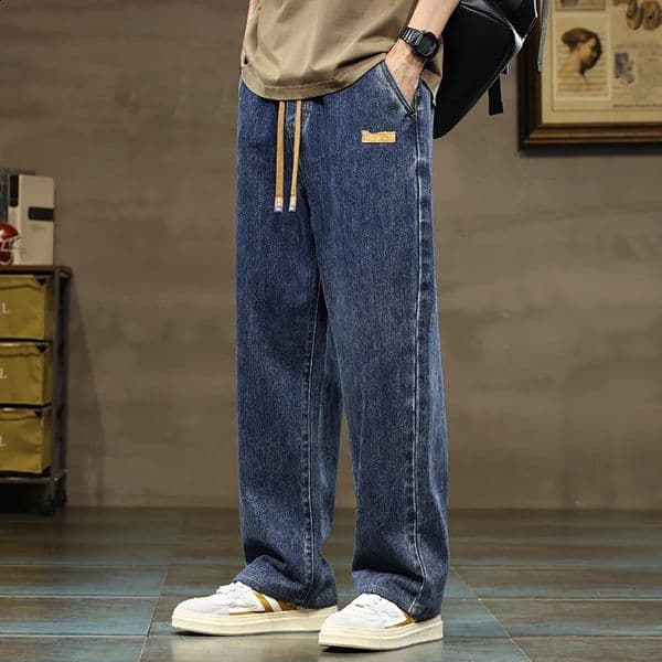Men Straight Leg Blue Gray Loose Y2K Drawstring Jeans Streetwear Casual Wide Denim Pants Male Baggy Stylish Harajuku Trousers 260319