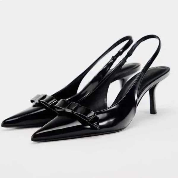 2025 Modern Office Shoes for Women White Black Wedding Slingback Pointed Toe Butterfly Decoration Female High Heeled Sandals 260321