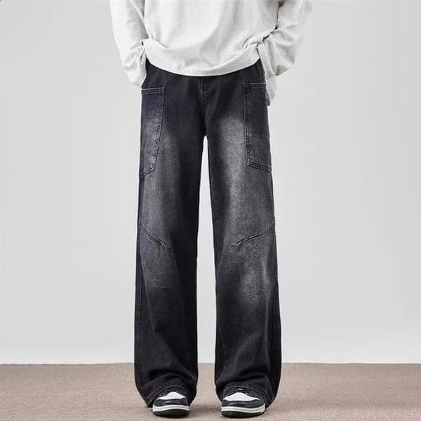 Spring Mens Vintage Multi-Pocket Cargo Jeans Y2K Vintage Distressed Baggy Denim Pants High Street Straight Wide Leg Jean 260321