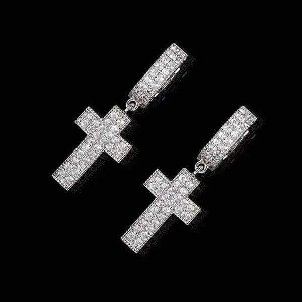 Womens Iced Out Hip Hop Cross Fine Jewelry Shiny Diamond Moissanite Hoop Earrings