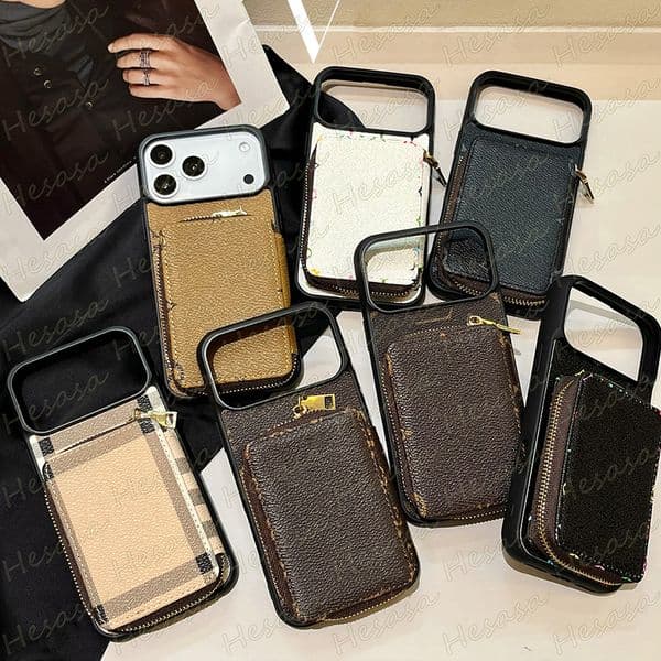 Luxury Zipper Card Pocket Storage Phone Case for iPhone 17 Pro Max 16 E 15 14 Plus 13 12 11 X Xs Xr 8 7 Leather Designer Cover Samsung S26 Ultra Galaxy S25 S24 S23 S22 S21 S20