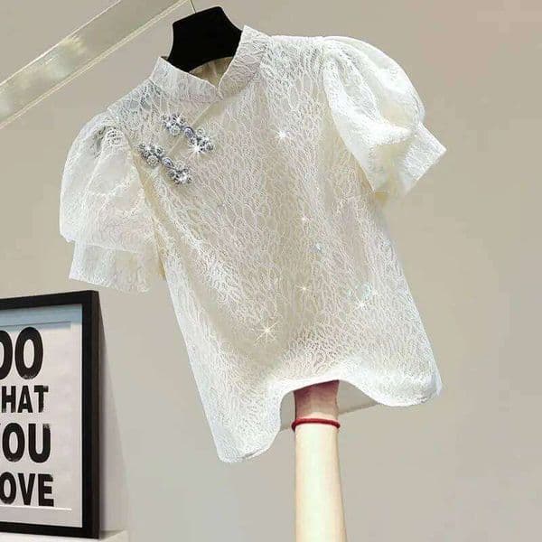 Mardi Hefxessdr Neploe Vintage Disc Buckle Stand Neck Puff Sleeve Blusas 2026 Summer Korean Style Beaded Diamonds Sequin Solid Color Lace Shirts