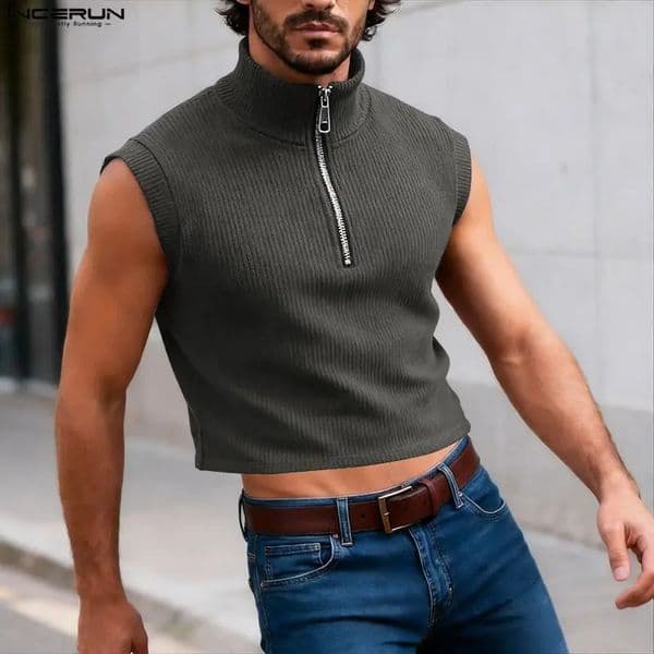 INCERUN Men Tank Tops Solid Color Lapel Sleeveless Zipper Male Vests Streetwear Summer 2026 Fashion Casual Crop Tops Men S-3XL 260319