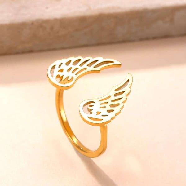 Jewelry minimalist personalized Sterling Silver 14K 18K Gold adjustable open with stylish hollow angel wings design titanium steel ring
