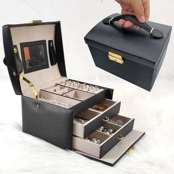 Portable Three-Tier Jewelry Box Wooden Storage Organizer for Earrings Necklaces Rings with Lock 26Y0323