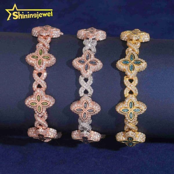 15mm Marquise Cut Color Moisasnite Cuban 925 Silver Moissanite Diamond Bracelet Hip Hop Jewelry