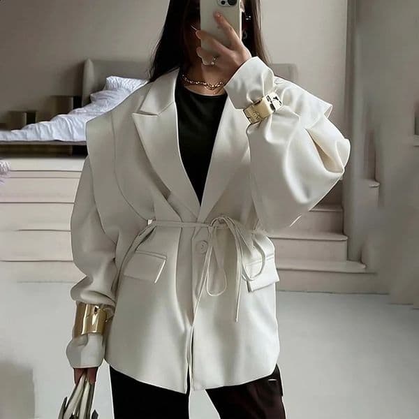 Zekye Womens Blazer with HighEnd Style Spring Autumn European Elegant Commuter Look WaistTie Belt Padded Shoulders 260323