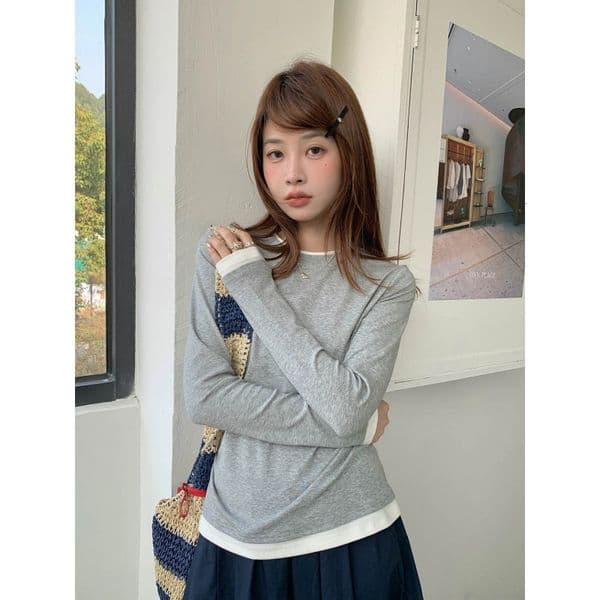 Designer Hoodie Waist Contrast Color Fake Two-piece T-shirt For Women Designer T-shirt Spring Polo 2026 Simple Round Neck Top Base Shirt