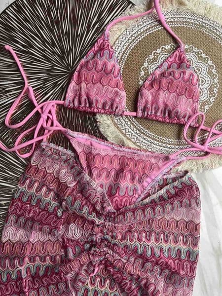 Womens Swimwear zigzag bikini three piece swimwear with skirt knitting bikini swimsuit push up beachwear J250225