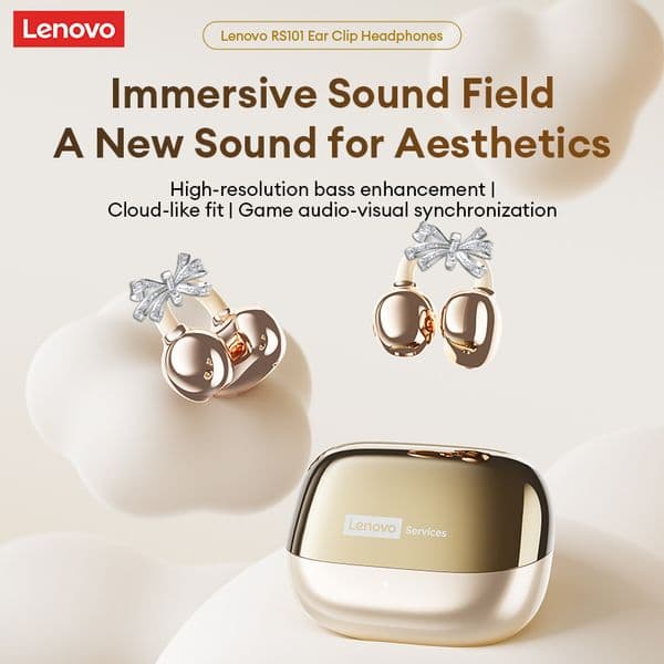 Lenovo RS101 OWS Bluetooth 6.0 Headphones Clip-on Design with Stylish Accessories ENC Call Noise Reduction Gaming Earbuds Waterproof Sports Headset