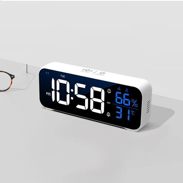 Digital Alarm Clock Table Electronic with Temperature Humidity Weekday Dual Alarms Ringtones Rechargeable 260323