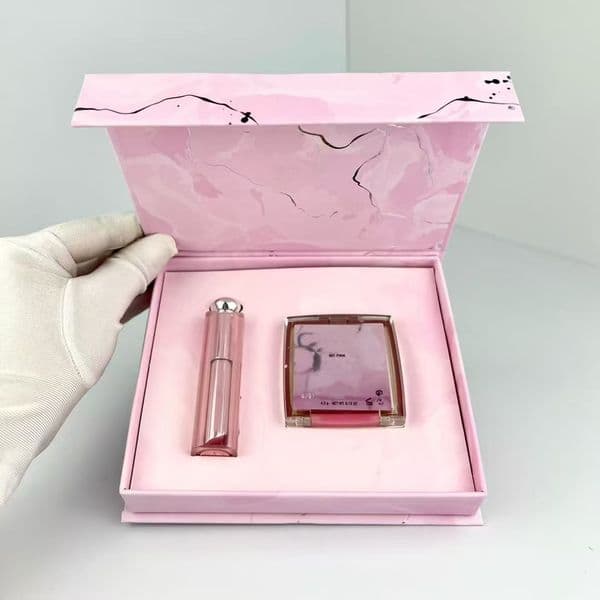 Famous Pink Marble Makeup Set of 2 - Blush 001# 4.5g & Color-Changing Lip Balm 001# 3.2g with Gift Bag Dr Valentine's Day gifts