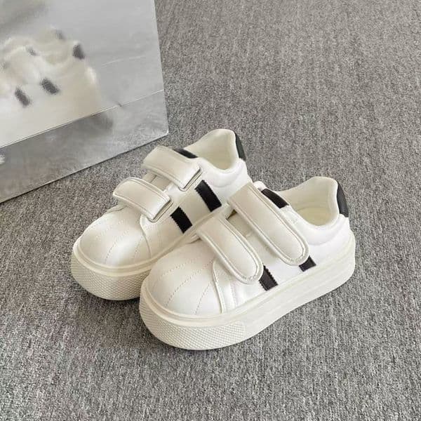 Kids Sneakers White Black Stripe Thick Sole Casual Shoes for Children Teens Non-Slip School Walking Shoes PU Leather Free Shipping size 35-40