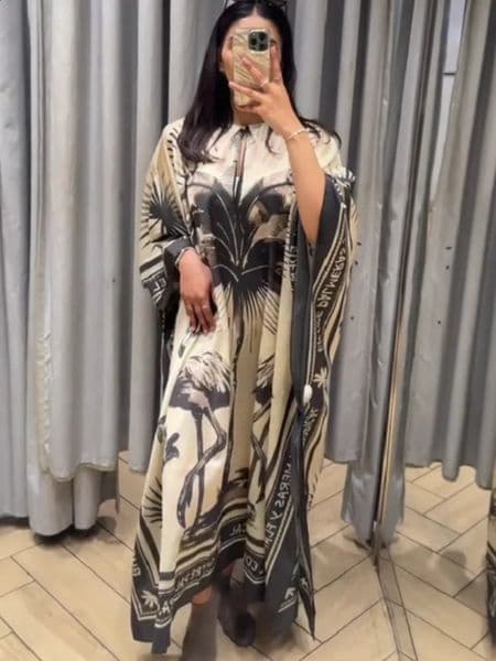 Fashion Flamingo Print Caftan Maxi Beach Dress For Women Casual Oversize Oneck Long Lady Summer Party Evening Chic Robes 260316