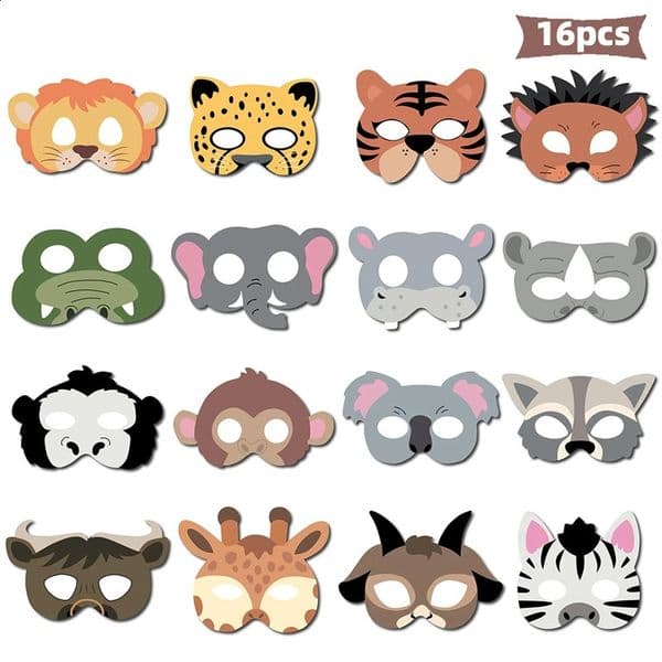 16pcs Jungle Animal Mask Birthday Party Decoration Kids Funny Paper Masks Po Props Safari Theme Party Supplies Baby Shower 260320