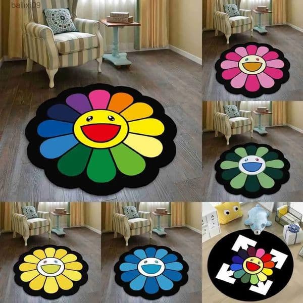 Designer Floor Mat Carpets Sun Flower Smiley Round Carpet For Bedroom Bedside cool carpet Living Room Area Rug Lint-Free Doormat Chair Mats Fashion Floor Mat An
