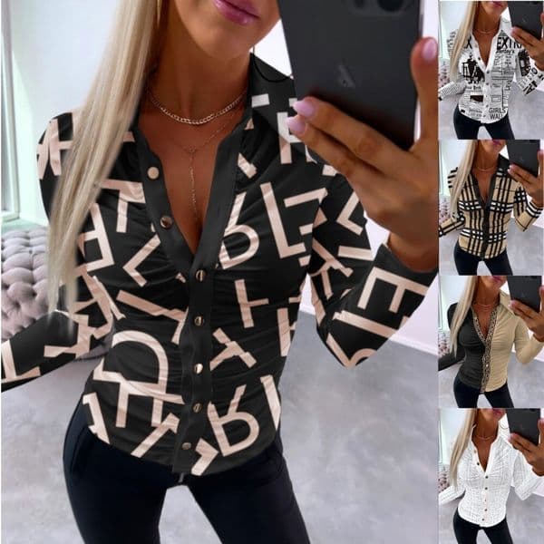 Bestseller On Independent Designer Designer Hoodie T-shirt Platforms Wish Polo And : Autumn Sexy V-neck Printed Women's Blouse