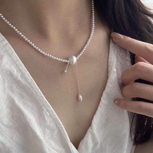 S925 Silver Version Niche Design Retro Pearl Beaded Tassel Necklace Korean Simple Blogger Style Collarbone Chain