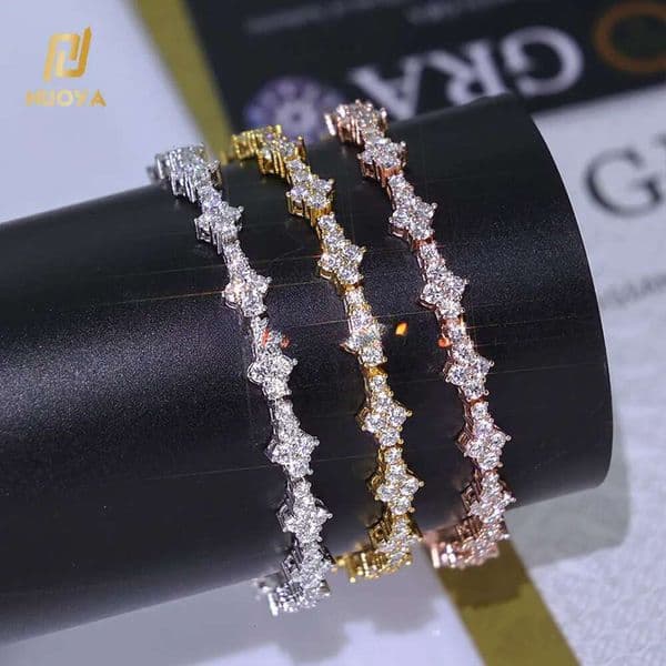 NUOYA Hiphop Jewelry Iced Out VVS Diamond Flower Shape 925 Sterling Silver Moissanite Tennis Chain Womens Bracelet