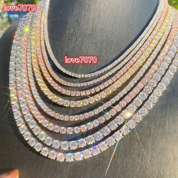925 Sterling Silver Hiphop Necklace Fashion Jewelry Round Cut D VVS Moissanite Tennis Chain Gold Plated Link Chain