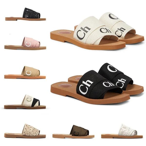 Slippers 2025 designer Woody sandals for women Mules flat slides Light tan beige white black pink lace Lettering Fabric canvas slippers womens summer outdoor shoes