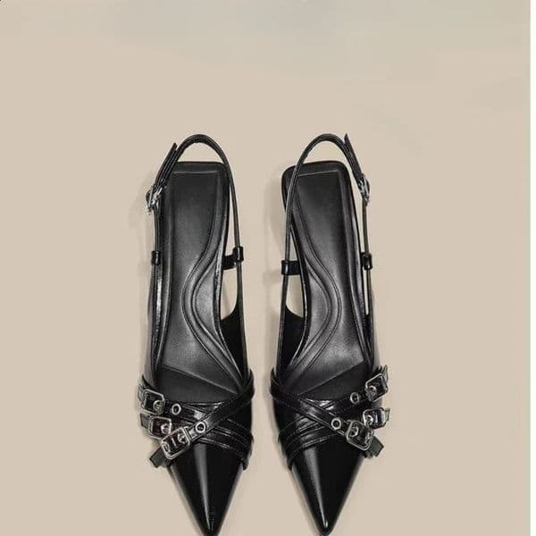 2025 French Style Belt Buckle Wine Red Sandals Summer Retro Patent Leather Socialite Temperament Pointed Black High Heels 260323BJ