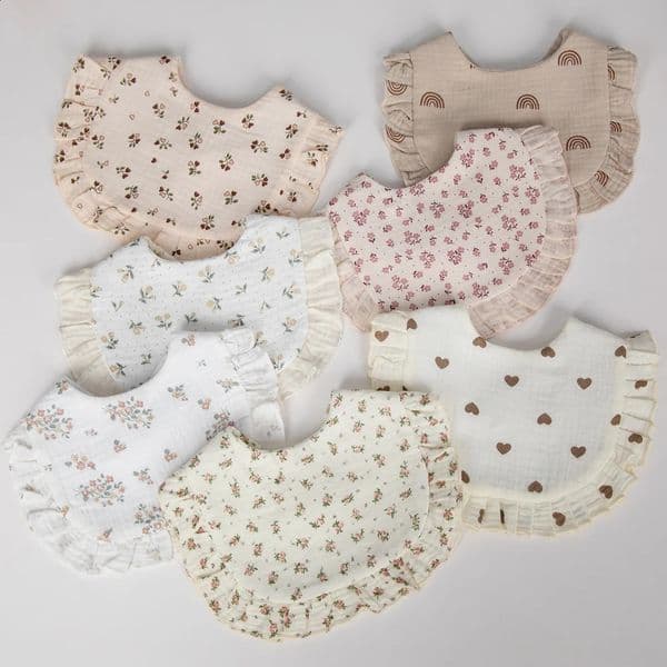 Flower Print Baby Bibs Adjustable Snap Saliva Towel Ruffled Edge Muslin Cotton Burp Cloths Rainbow A Grade Girls Feeding Scarf 260323