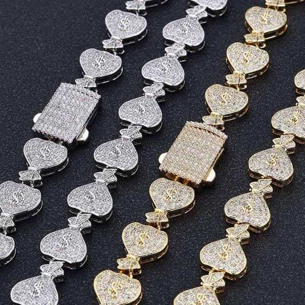 Jewelry Hip Hop 15mm Money Bag Cuban Chain Moissanite Necklace Jewelry High-End Men's Bracelet Wholesale