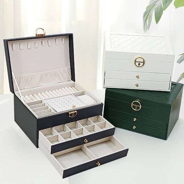 Multifunctional Three Layer Leather with Lock Earrings Jewelry Storage Box for Women 26Y0323