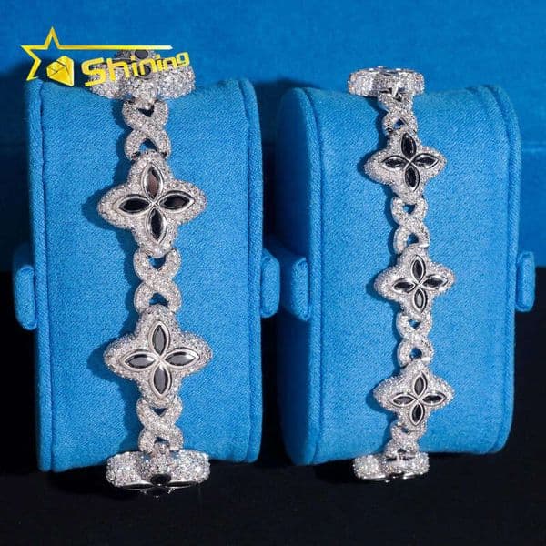 Hot Sale 15mm 18mm Black Color Clover Hip Hop Jewelry 925 Silver Iced Out Infinity Moissanite Cuban Bracelet