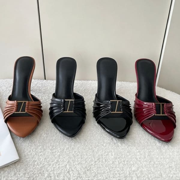 Women Mules Dress Shoes high heels leather Gold Tone black womens lady designer sandals Party Wedding pumps Slingback Heels Woman Size 35-42