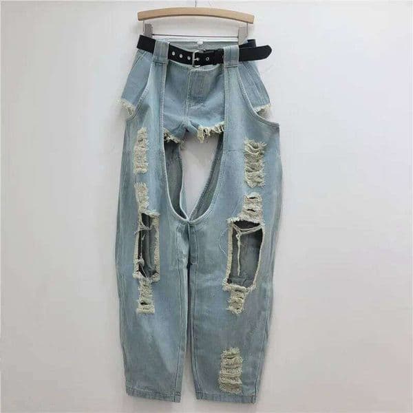 New Autumn Fashion Clothing Ripped Belt Jeans Splicing Low Waist Shorts Two-Piece Set Women's Baggy Jeans Y2k WONST