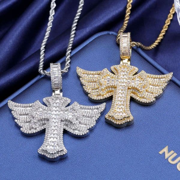 Jewelry Hip Hop angel wings Moissanite cross pendant necklace custom personalized trendy men's accessories wholesale