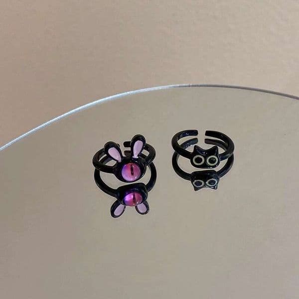 Cartoonish quirky black little cat open ring women, unique niche, cute design for couples and best friends