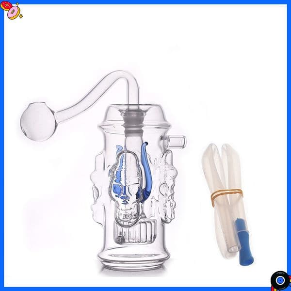 Wholesale Mini Skull shape Glass Oil Burner Bubbler Pipe Bong Percolator Water Pipes Hookah Bubbler Recycle Smoking With Bowl Slide and Soft Silicone Mouthpiece
