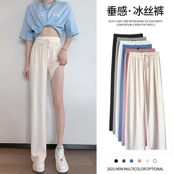 Ice Silk Quick-dry Straight-leg Designer Pants Casual Pants Summer Thin Women's Pants Petite Cool Sun Protection Pants High Waist Loose Nine-point Pants