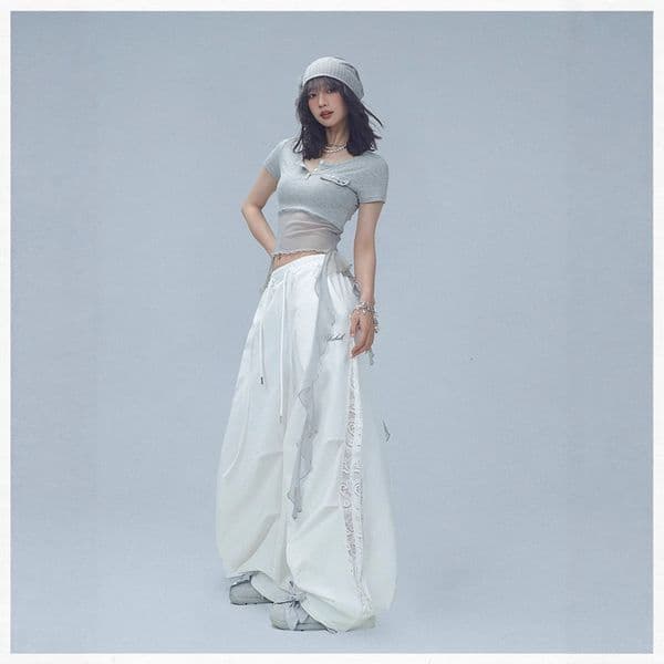 American Street Dance Trendy Brand Designer Pants Summer Quick-dry Scimitar Pants Women Lace Patchwork Jazz Sports Long Pants Hip-hop Wide-leg Pants