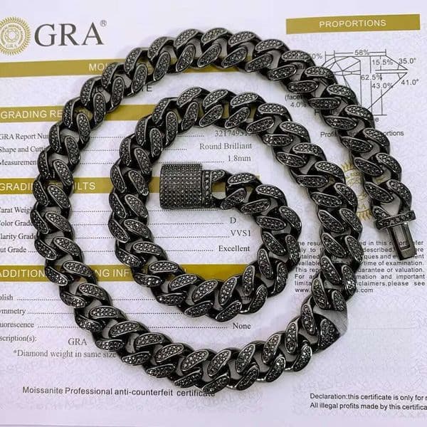Hiphop Jewelrys Iced Moissanite Cuban Link Chain S925 Silver 12mm Two-Row VVS Black GRAN Necklace