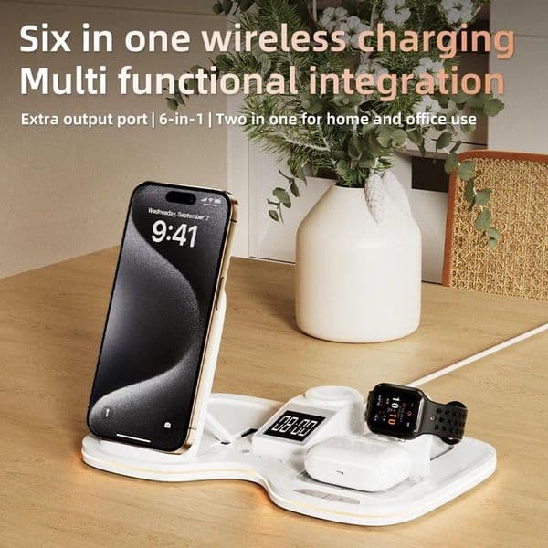 5 in 1 Multifunctional Alarm Clock Wireless Charger Pad Stand Phone Fast Charging Station for iPhone 30W Station charge T60