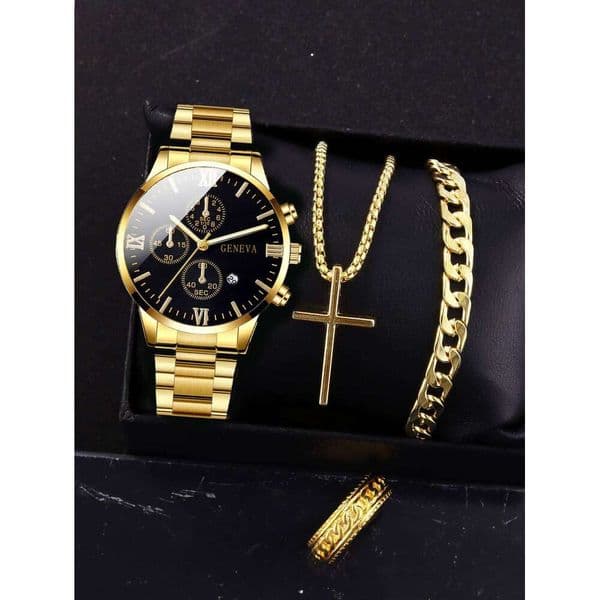 4pcs gold alloy Roman with calendar men's quartz watch and cross necklace bracelet ring set selected gift