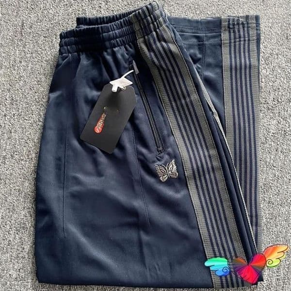Men's Sweatpants 2026 Oversized Navy Blue Needles Wide Men Women Embroidered Butterfly Track Poly Smooth AWGE Sweatpants