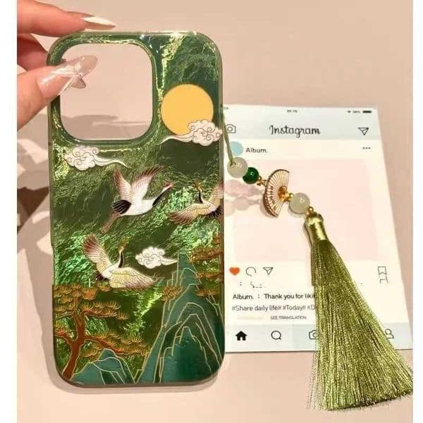 Auspicious INS Green Mountain Chinese Style Phone Case For iPhone 17AIR 17 16 15 14 13 12 11 Pro Max 7 8 Plus Mini Y2K Cover H260323