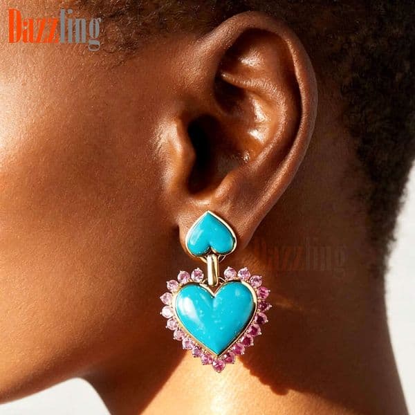 Jewelry heart-shaped two-tone turquoise diamond vintage drop retro-style earrings exclusive jewelry