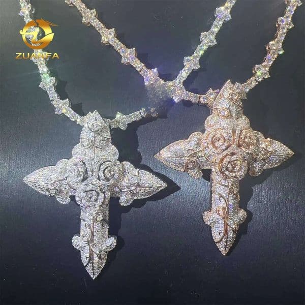 In Stock Fashion Man Jewelry Gold Color Hip Hop S925 VVS1 Moissanite Diamond Rose Flower Cross Pendant Necklace Set