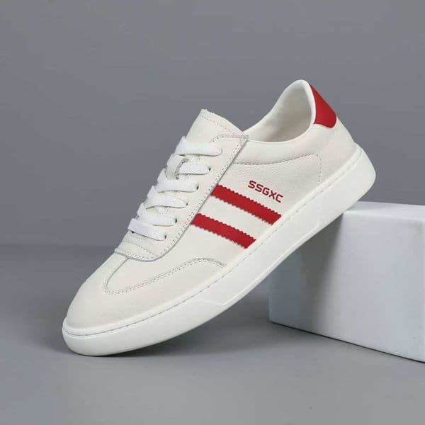 Fashion Two Stripe White Sneakers for Men Women Teens Men Casual Sports Shoes Comfortable Leather Casual Shoes Lightweight Walking Shoes for Daily Wear