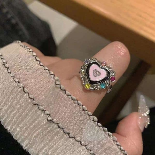 New Korean style colorful diamond heart-shaped open ring, unique and versatile, suitable for the index finger, popular online
