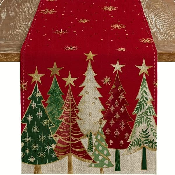 Christmas Table Runner Rectangular Festive Decoration Red Trees and Snowflakes n for Holiday Tablecloth 260323