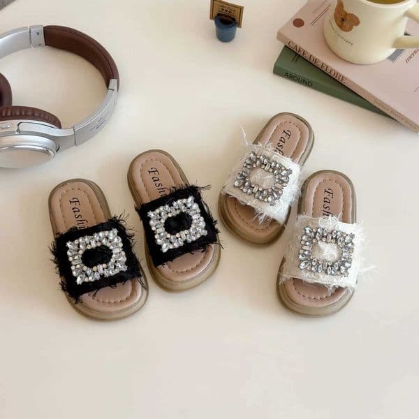 ren Slippers Diamante Feather Thick Sole Stylish Girls Summer Shoes Slip-on Casual Slip-on Black Beige s Shoes 21-35 S251229