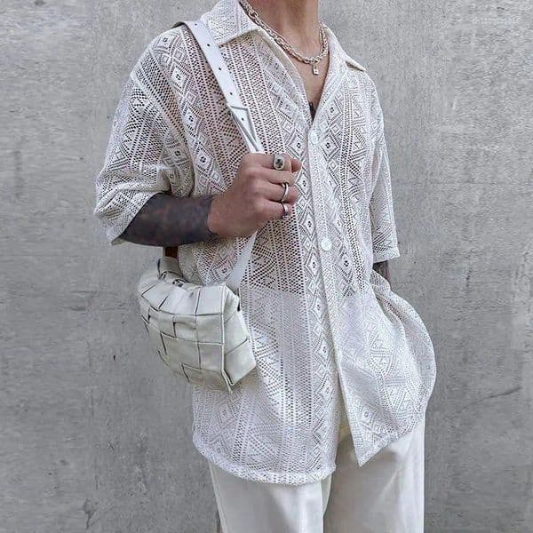 Men's Polos Summer Clothing Mesh See Through Sexy Shirt Short Sleeve Fishnet Button-down Retro Chic Streetwear Party Blouse S-5XL