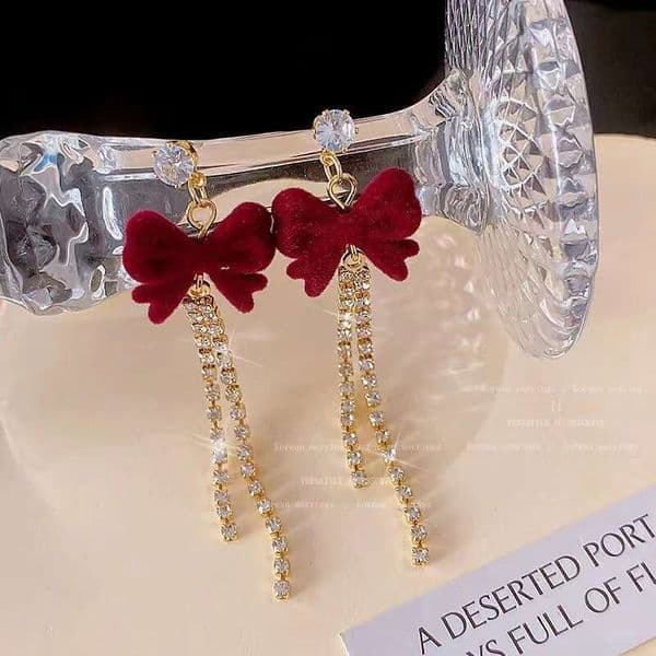 Burgundy Bow Tassel for Women 2025 New Style Internet Celebrity Niche High-End Elegant Earrings